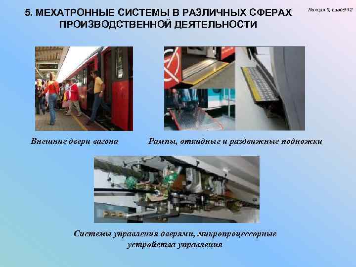 5. МЕХАТРОННЫЕ СИСТЕМЫ В РАЗЛИЧНЫХ СФЕРАХ ПРОИЗВОДСТВЕННОЙ ДЕЯТЕЛЬНОСТИ Внешние двери вагона Лекция 5, слайд