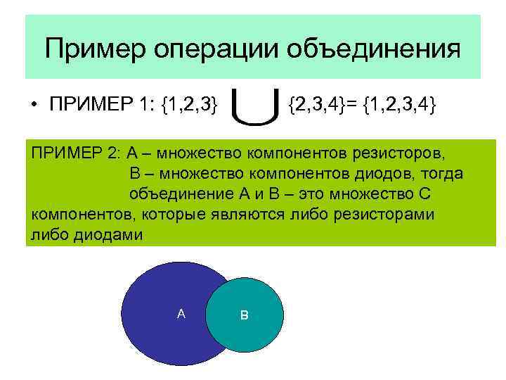 Пример операции объединения • ПРИМЕР 1: {1, 2, 3} {2, 3, 4}= {1, 2,