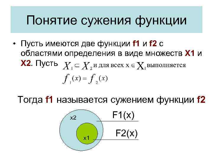 Понятие сужения функции • Пусть имеются две функции f 1 и f 2 c