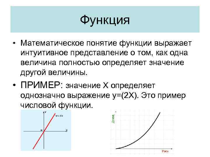 Функция • Математическое понятие функции выражает интуитивное представление о том, как одна величина полностью