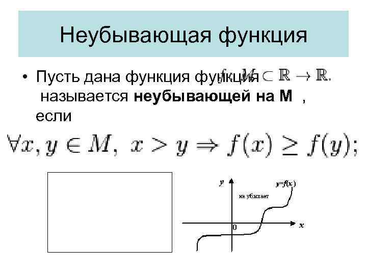 Неубывающая функция • Пусть дана функция называется неубывающей на М , если 