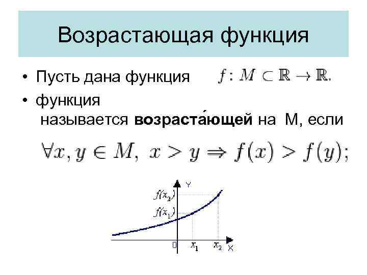 Возрастающая функция • Пусть дана функция • функция называется возраста ющей на М, если