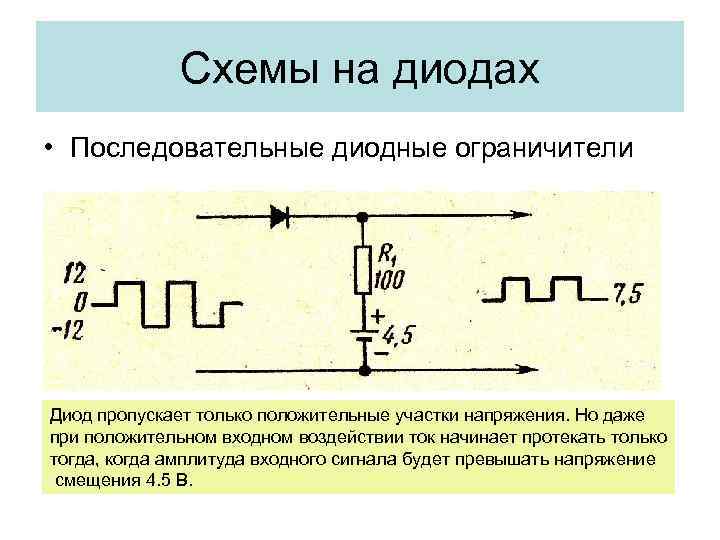 Схемы на диодах • Последовательные диодные ограничители Диод пропускает только положительные участки напряжения. Но