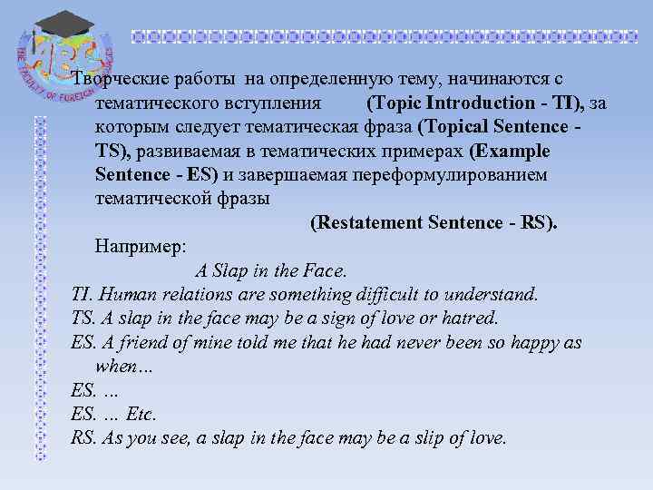 Творческие работы на определенную тему, начинаются с тематического вступления (Topic Introduction - TI), за