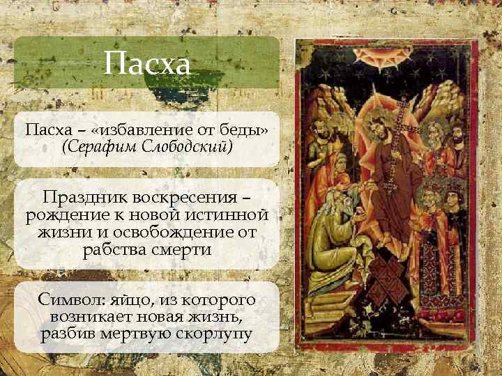 Пасха – «избавление от беды» (Серафим Слободский) Праздник воскресения – рождение к новой истинной