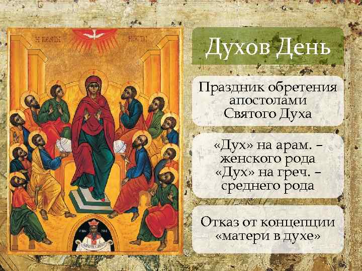 Духов День Праздник обретения апостолами Святого Духа «Дух» на арам. – женского рода «Дух»