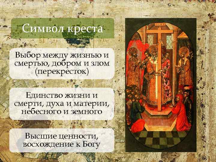 Символ креста Выбор между жизнью и смертью, добром и злом (перекресток) Единство жизни и
