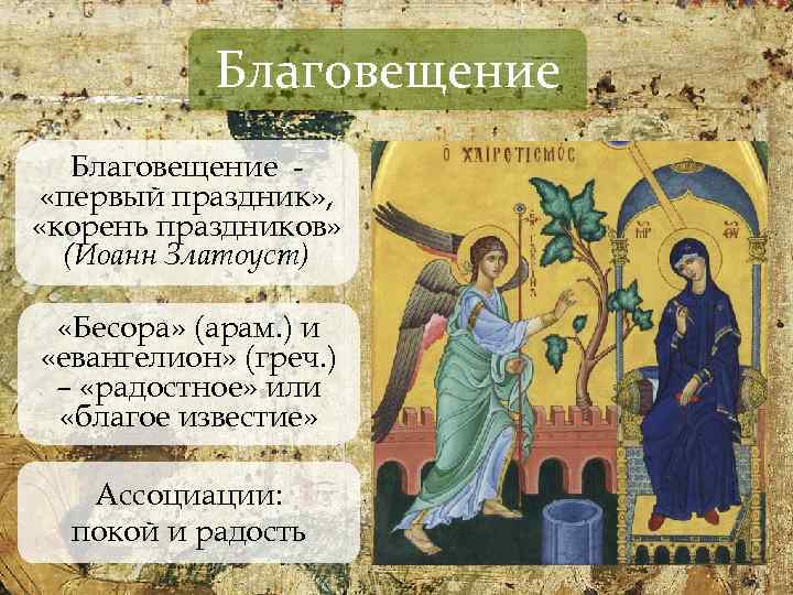 Благовещение «первый праздник» , «корень праздников» (Иоанн Златоуст) «Бесора» (арам. ) и «евангелион» (греч.