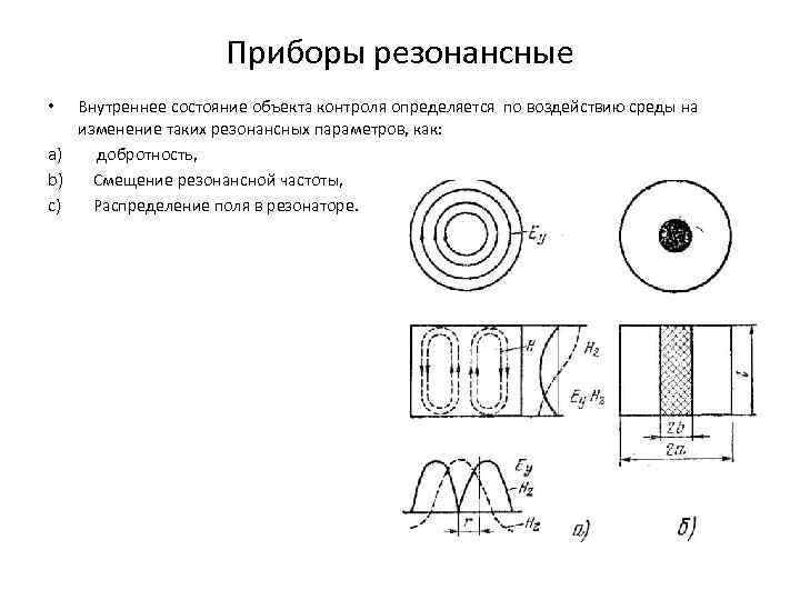 Приборы резонансные Внутреннее состояние объекта контроля определяется по воздействию среды на изменение таких резонансных