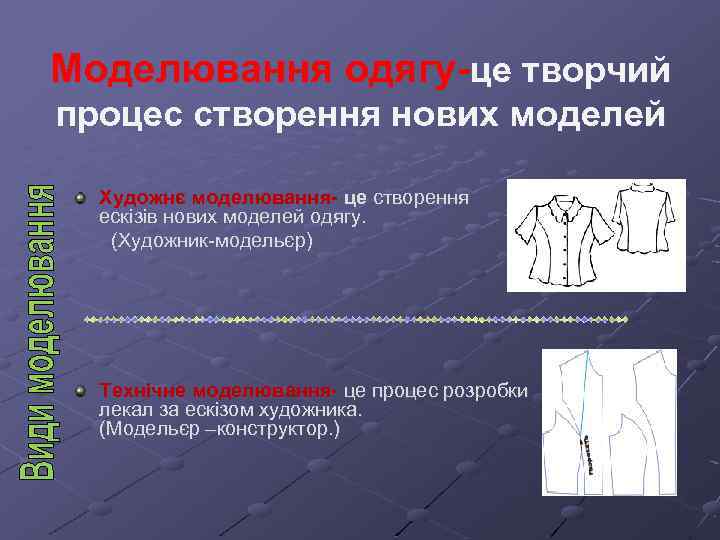 Моделювання одягу-це творчий процес створення нових моделей Художнє моделювання- це створення ескізів нових моделей