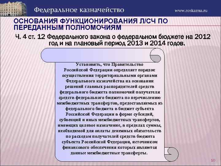 ОСНОВАНИЯ ФУНКЦИОНИРОВАНИЯ Л/СЧ ПО ПЕРЕДАННЫМ ПОЛНОМОЧИЯМ Ч. 4 ст. 12 Федерального закона о федеральном