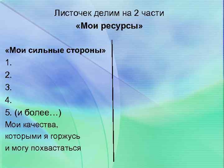 Листочек делим на 2 части «Мои ресурсы» «Мои сильные стороны» 1. 2. 3. 4.