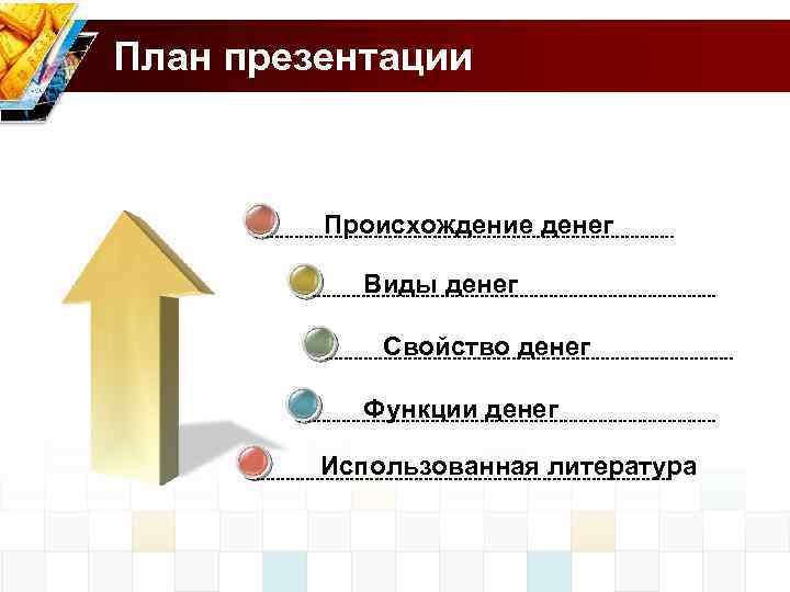 План презентации Происхождение денег Виды денег Свойство денег Функции денег Использованная литература 