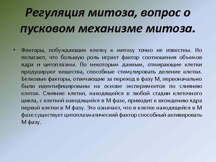 Регуляция митоза, вопрос о пусковом механизме митоза. • Факторы, побуждающие клетку к митозу точно