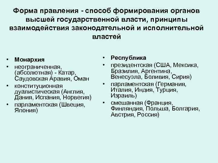 Форма правления - способ формирования органов высшей государственной власти, принципы взаимодействия законодательной и исполнительной