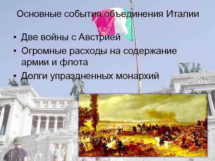 Основные события объединения Италии • Две войны с Австрией • Огромные расходы на содержание