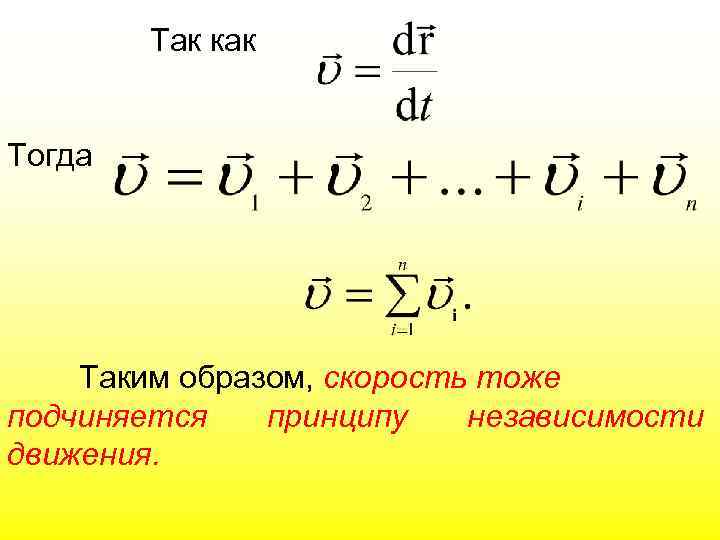 Так как Тогда Таким образом, скорость тоже подчиняется принципу независимости движения. 