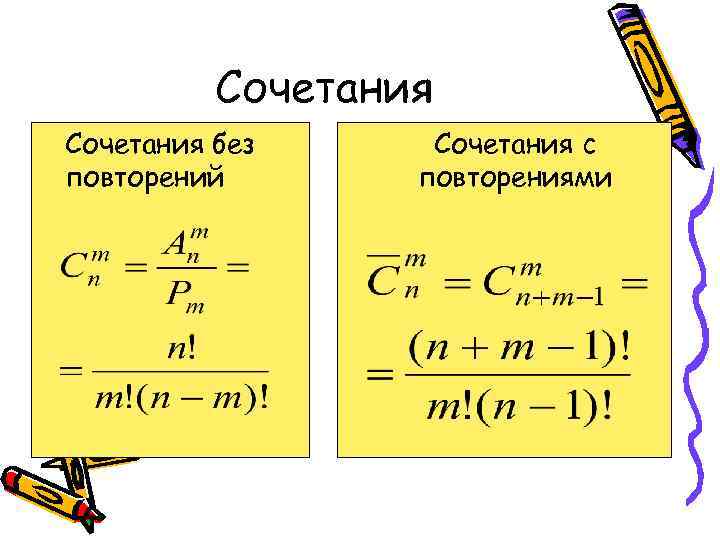 Сочетания без повторений Сочетания с повторениями 