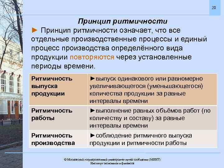 20 Принцип ритмичности ► Принцип ритмичности означает, что все отдельные производственные процессы и единый