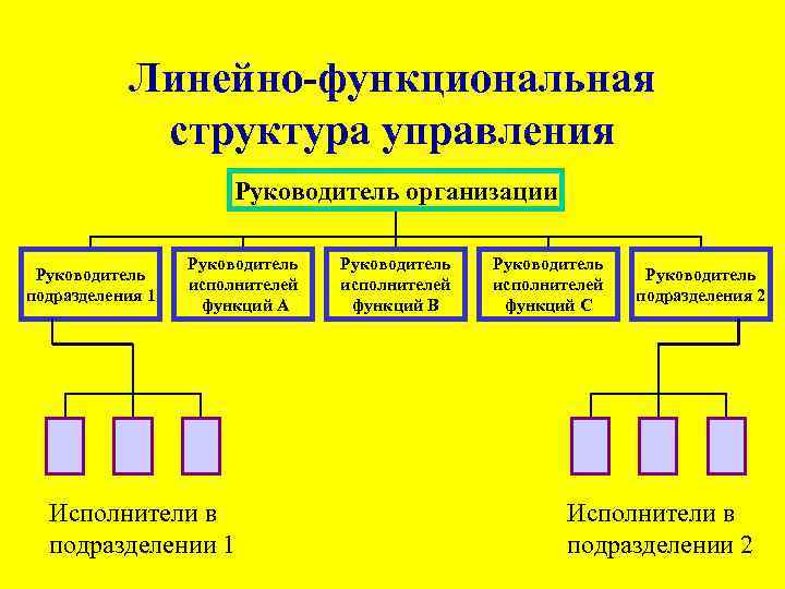 Линейно-функциональная структура управления Руководитель организации Руководитель подразделения 1 Руководитель исполнителей функций А Исполнители в