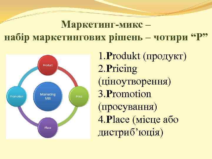 Маркетинг-микс – набір маркетингових рішень – чотири “Р” 1. Produkt (продукт) 2. Pricing (ціноутворення)