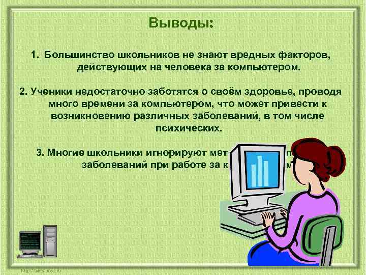 Выводы: 1. Большинство школьников не знают вредных факторов, действующих на человека за компьютером. 2.