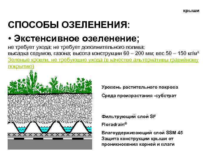 крыши СПОСОБЫ ОЗЕЛЕНЕНИЯ: • Экстенсивное озеленение; не требует ухода; не требует дополнительного полива; высадка