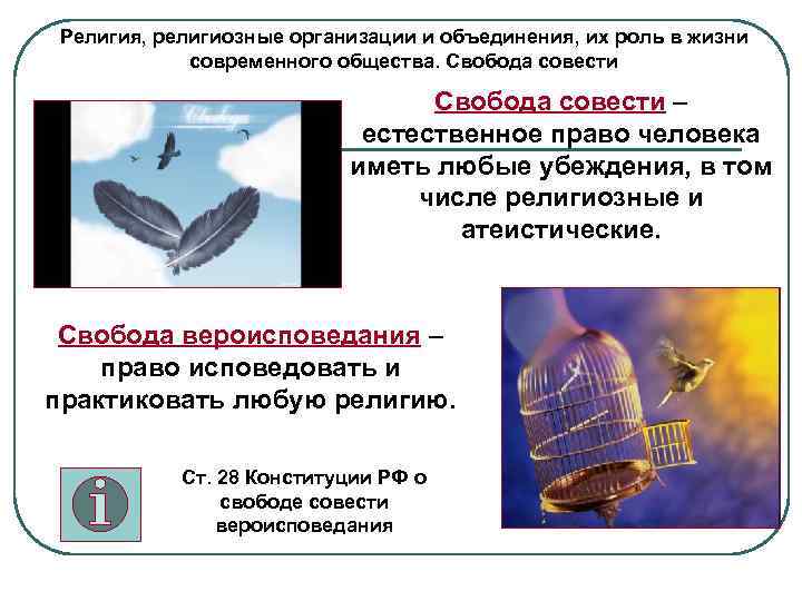 Религия, религиозные организации и объединения, их роль в жизни современного общества. Свобода совести –