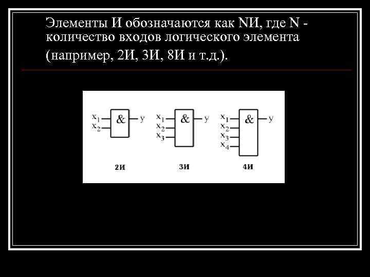 Элементы И обозначаются как NИ, где N количество входов логического элемента (например, 2 И,