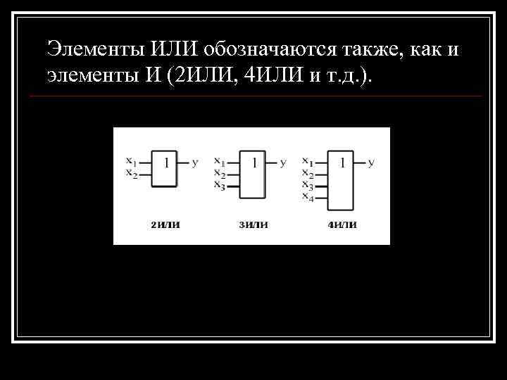 Элементы ИЛИ обозначаются также, как и элементы И (2 ИЛИ, 4 ИЛИ и т.