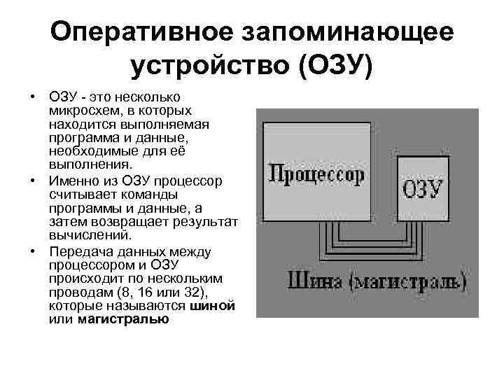 Оперативное запоминающее устройство (ОЗУ) • ОЗУ - это несколько микросхем, в которых находится выполняемая