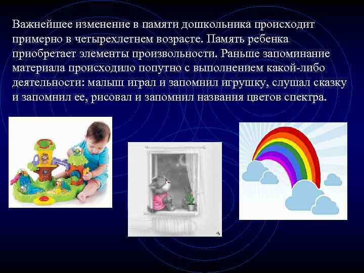 Важнейшее изменение в памяти дошкольника происходит примерно в четырехлетнем возрасте. Память ребенка приобретает элементы