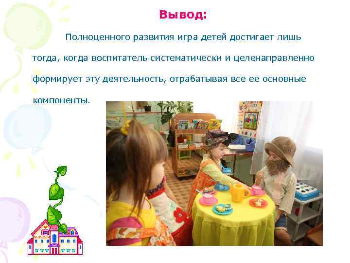 Вывод: Полноценного развития игра детей достигает лишь тогда, когда воспитатель систематически и целенаправленно формирует