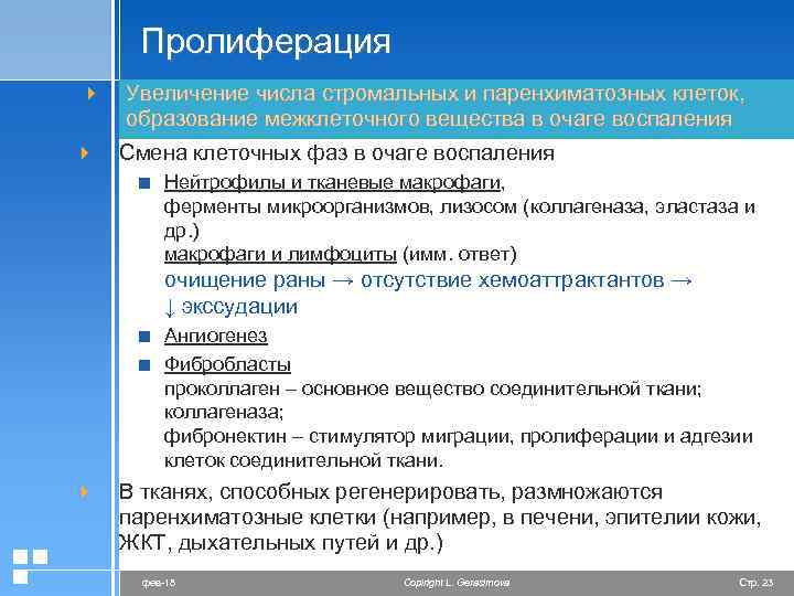 Пролиферация 4 Увеличение числа стромальных и паренхиматозных клеток, образование межклеточного вещества в очаге воспаления