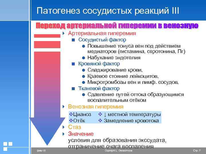 Патогенез сосудистых реакций III 4 Артериальная гиперемия < Сосудистый фактор = Повышение тонуса вен