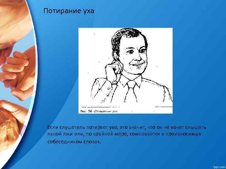 Потирание уха Если слушатель потирает ухо, это значит, что он не хочет слышать явной