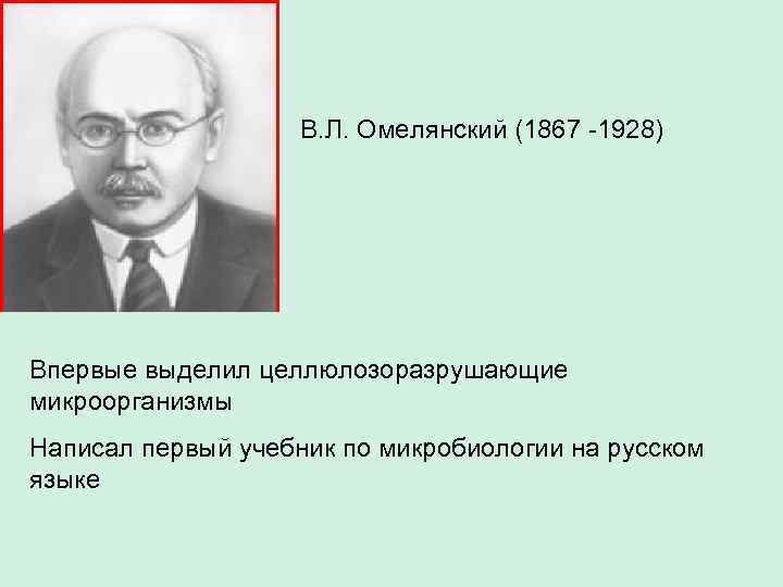 В. Л. Омелянский (1867 -1928) Впервые выделил целлюлозоразрушающие микроорганизмы Написал первый учебник по микробиологии