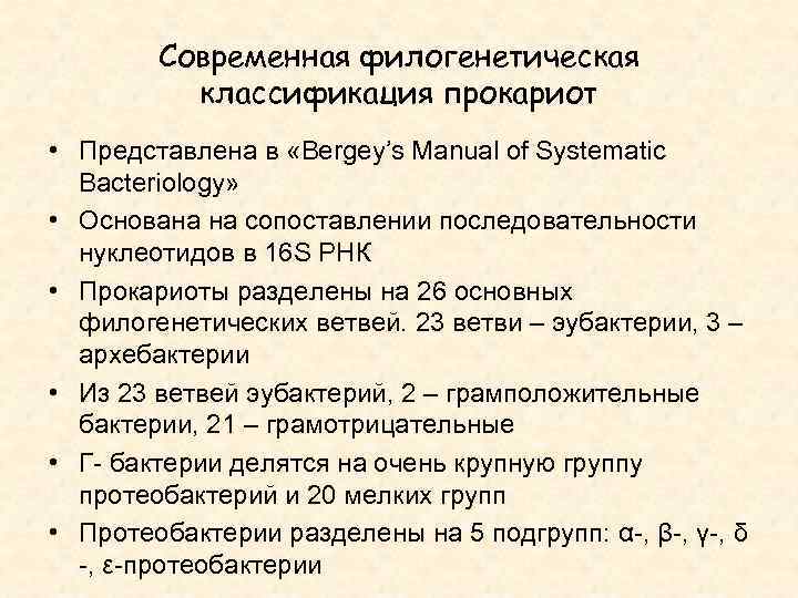Современная филогенетическая классификация прокариот • Представлена в «Bergey’s Manual of Systematic Bacteriology» • Основана