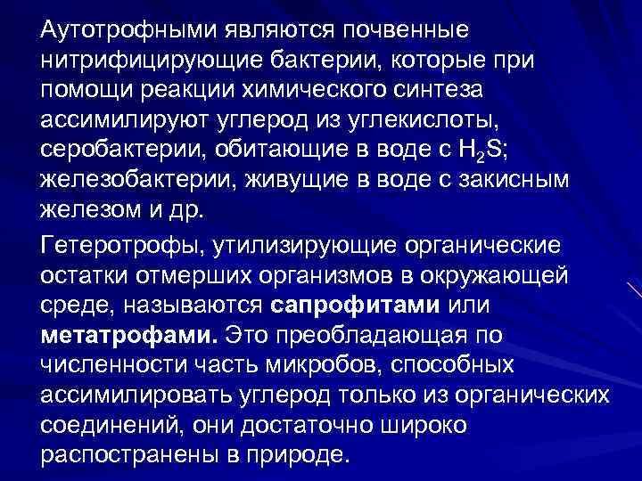 Аутотрофными являются почвенные нитрифицирующие бактерии, которые при помощи реакции химического синтеза ассимилируют углерод из