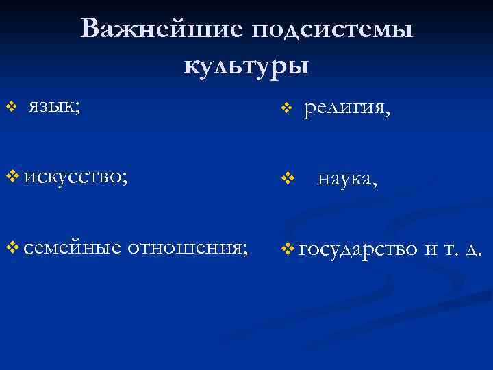 Важнейшие подсистемы культуры v язык; v v v искусство; v семейные отношения; религия, наука,