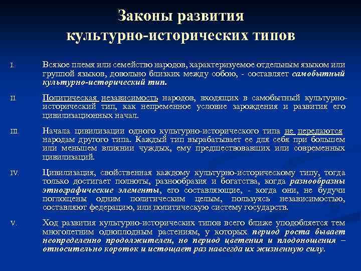 Законы развития культурно исторических типов I. Всякое племя или семейство народов, характеризуемое отдельным языком