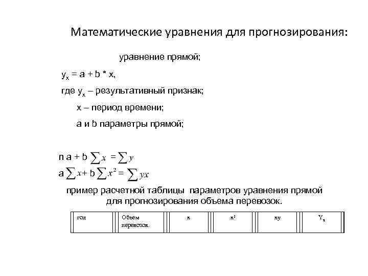 Математические уравнения для прогнозирования: уравнение прямой; yx = a + b * x, где