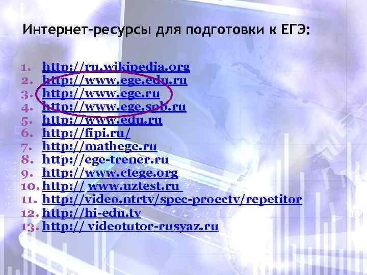 Интернет-ресурсы для подготовки к ЕГЭ: 1. http: //ru. wikipedia. org 2. http: //www. ege.