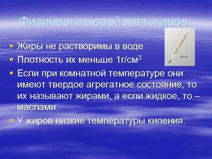 Физические свойства жиров: § § § Жиры не растворимы в воде Плотность их меньше