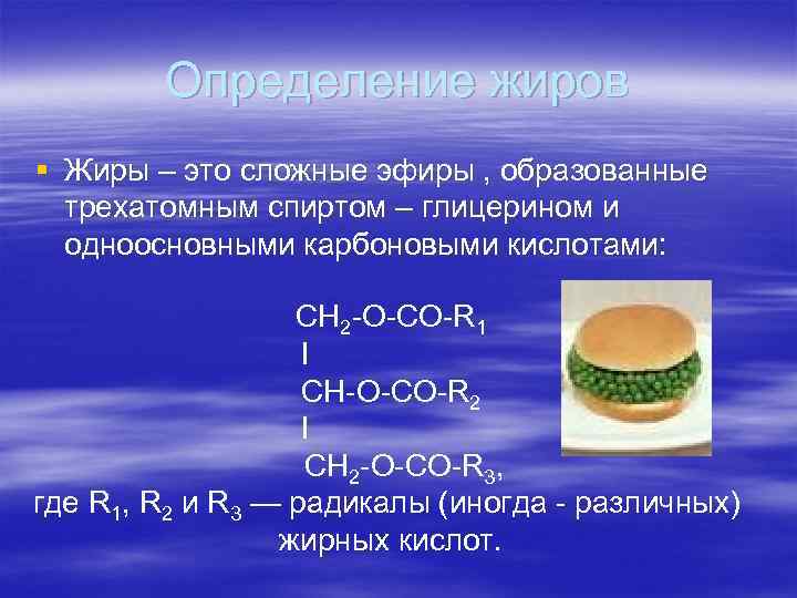 Определение жиров § Жиры – это сложные эфиры , образованные трехатомным спиртом – глицерином