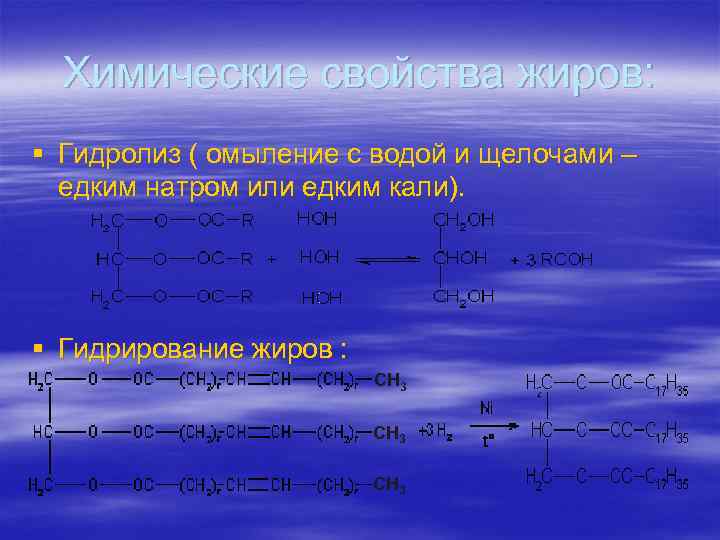 Химические свойства жиров: § Гидролиз ( омыление с водой и щелочами – едким натром