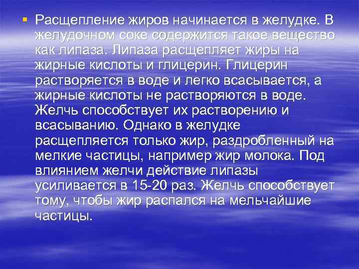 § Расщепление жиров начинается в желудке. В желудочном соке содержится такое вещество как липаза.