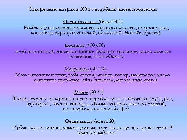 Содержание натрия в 100 г съедобной части продуктов: Очень большое (более 800) Колбасы (диетическая,