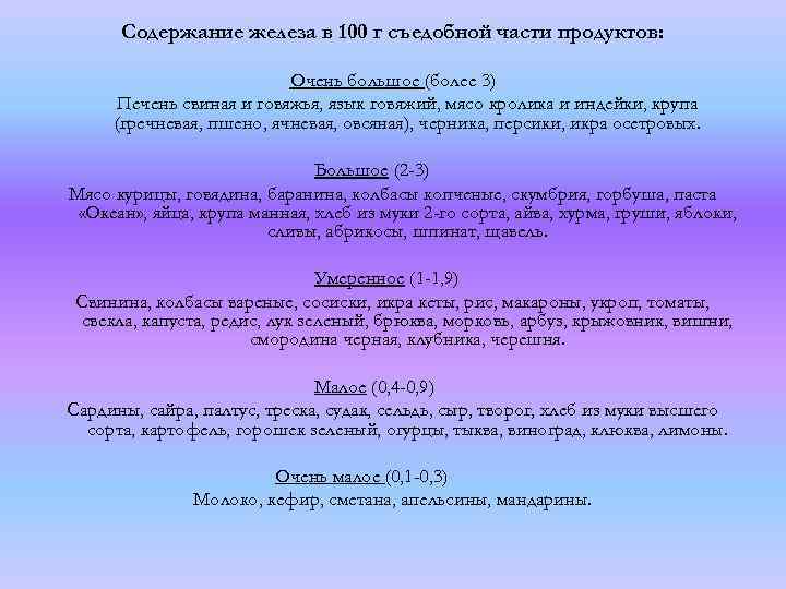 Содержание железа в 100 г съедобной части продуктов: Очень большое (более 3) Печень свиная