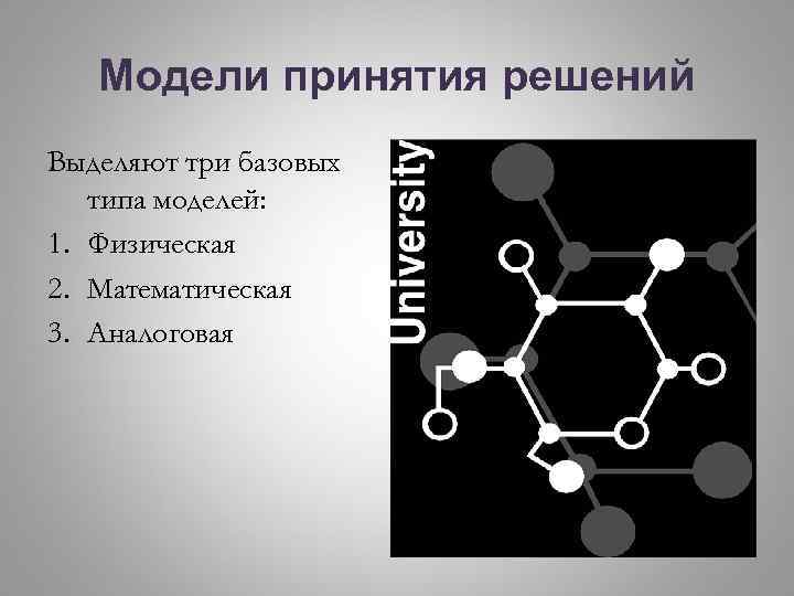 Модели принятия решений Выделяют три базовых типа моделей: 1. Физическая 2. Математическая 3. Аналоговая
